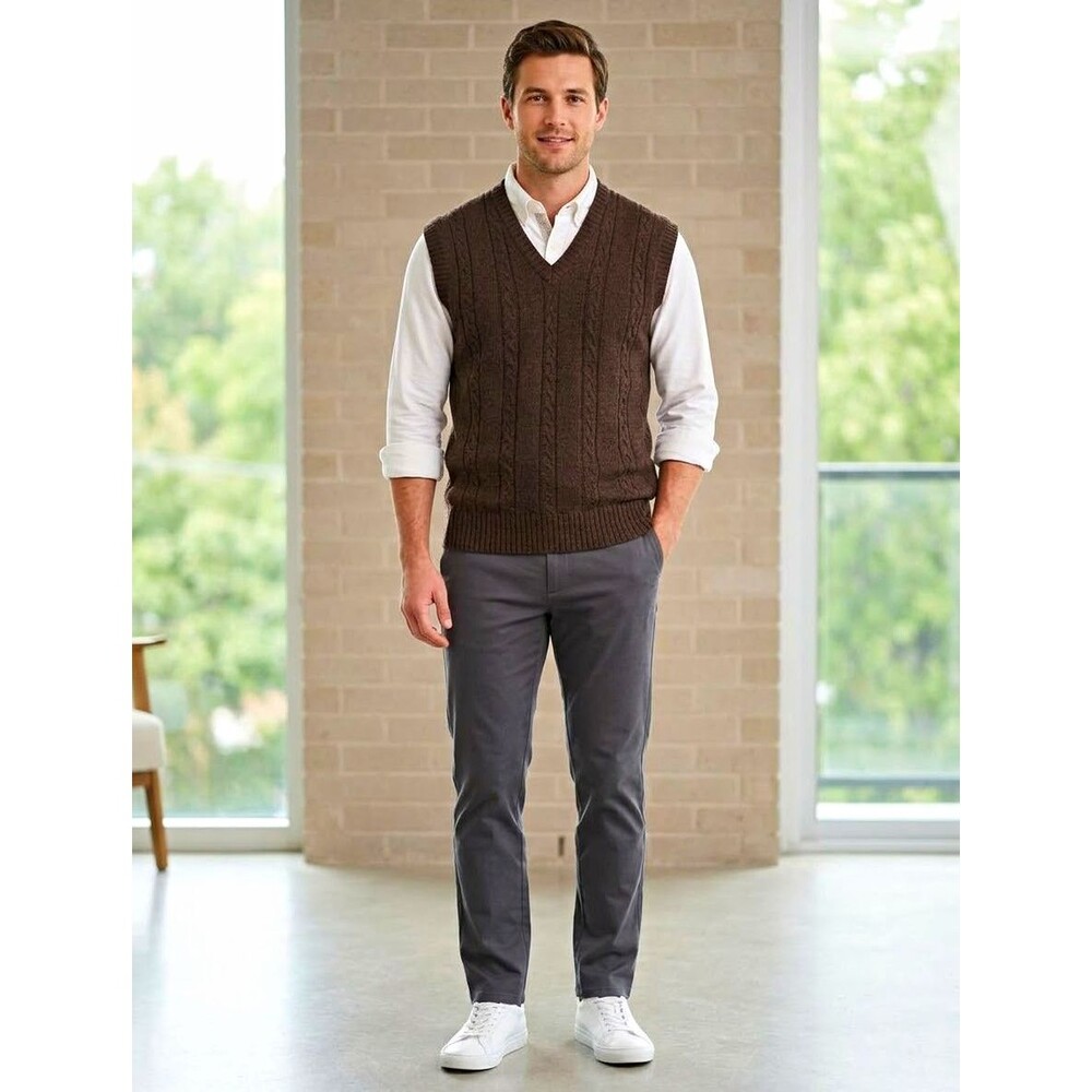 Royal Scott Brown Wool Cable-Knit V-Neck Sweater Vest Sleeveless Academia Preppy
